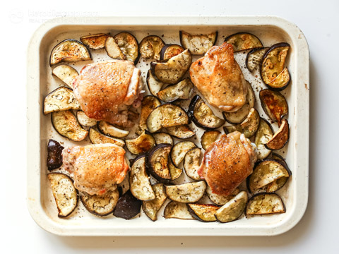 Tahini Chicken Eggplant Tray Bake