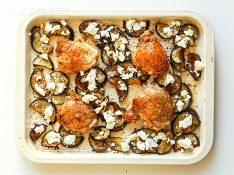Tahini Chicken Eggplant Tray Bake