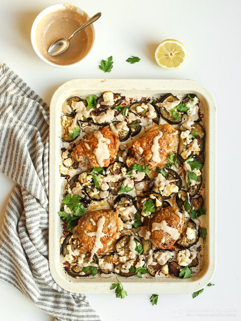 Tahini Chicken Eggplant Tray Bake